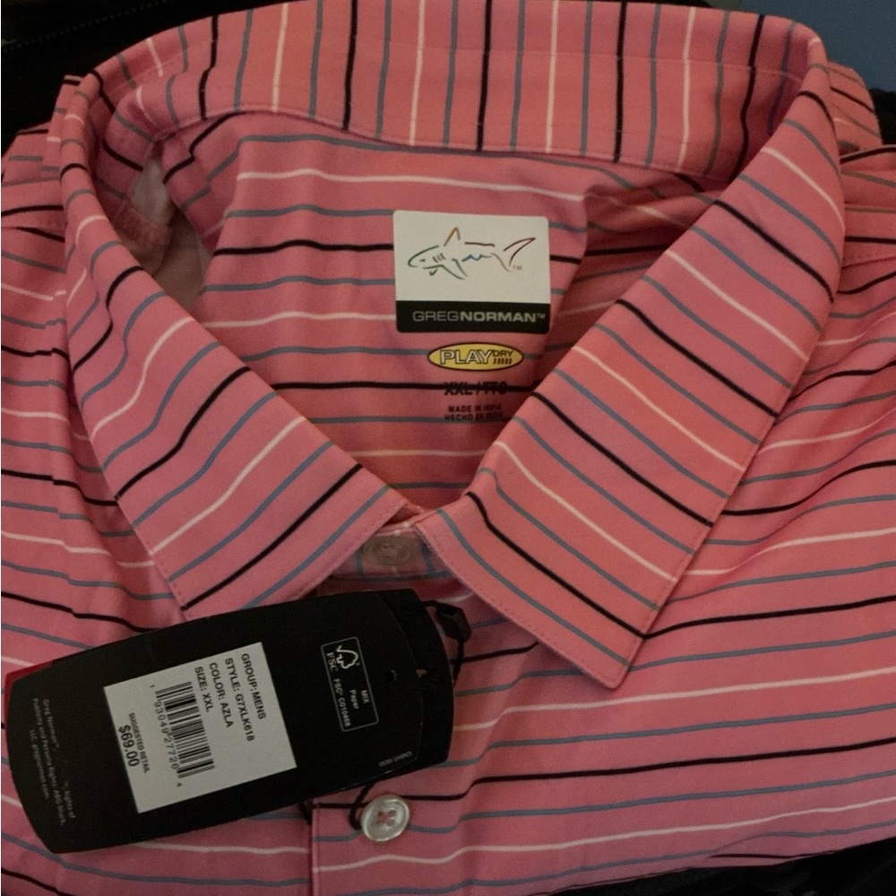 Greg Norman Collection Men's Polo in Pink with Black and White Stripes